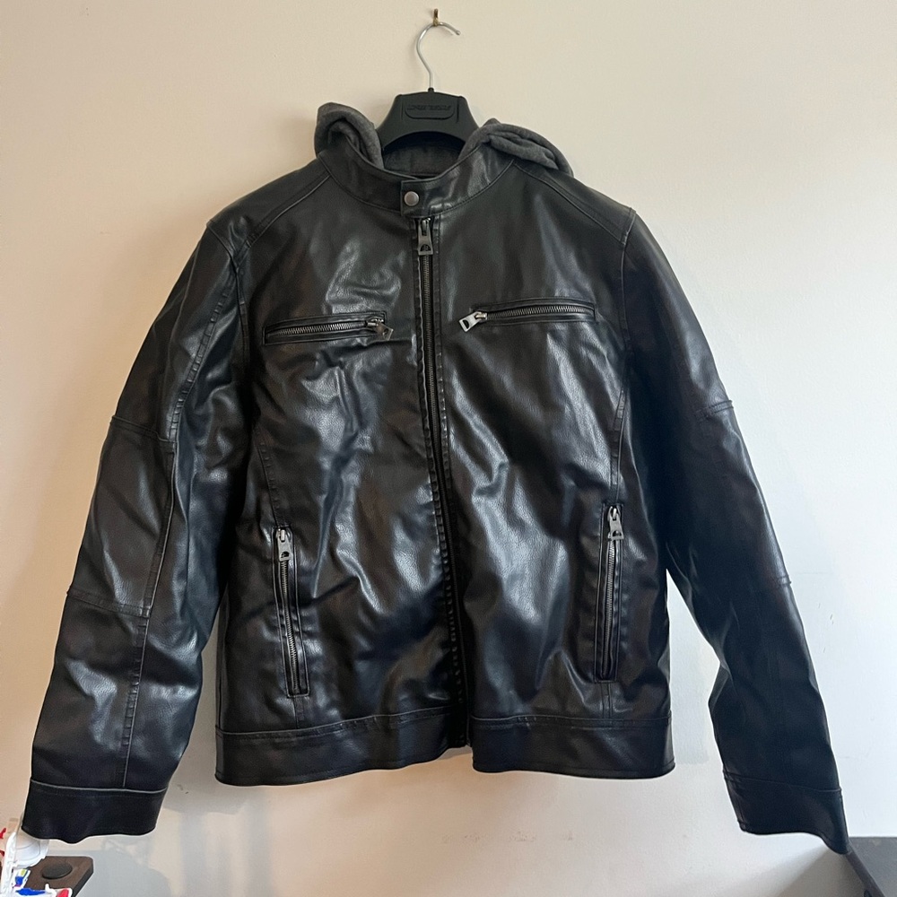 Guess Men's Faux-Leather Detachable-Hood Motorcycle Jacket